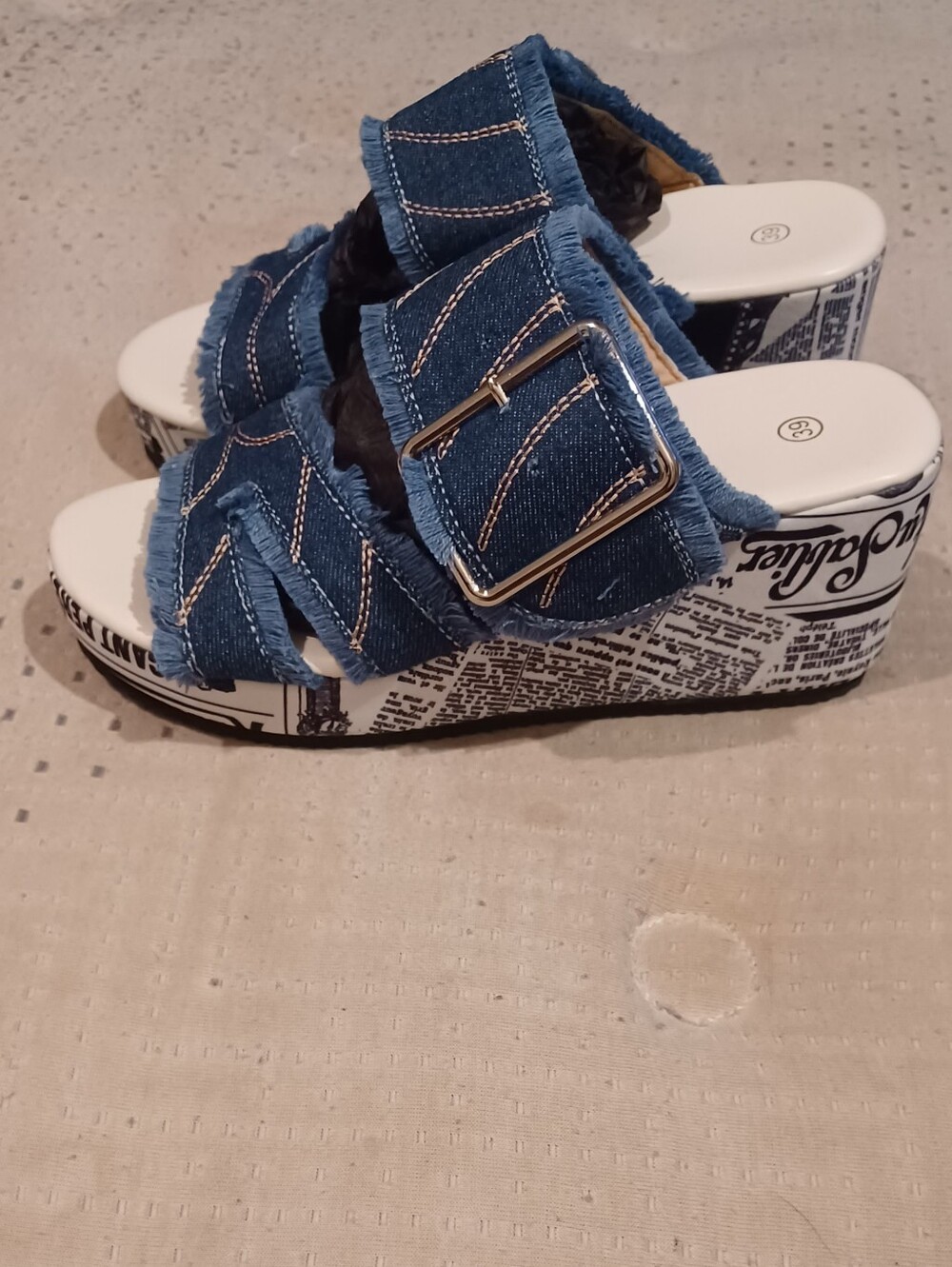Denim Buckle Platform Slide Sandals - Blue - Picture 2 of 5